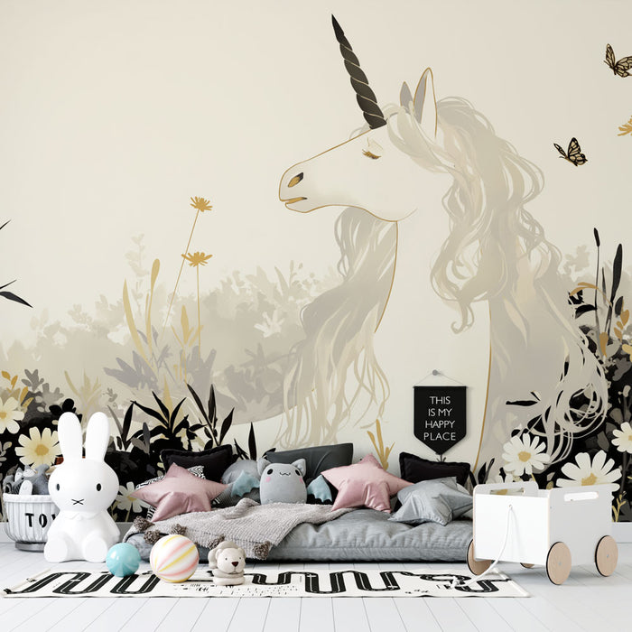 Papier peint licorne | Noir or et blanc