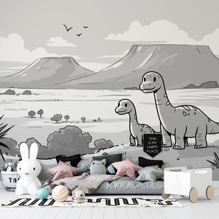 Papier peint dinosaure | Bébés dinos dans un dessin noir et blanc