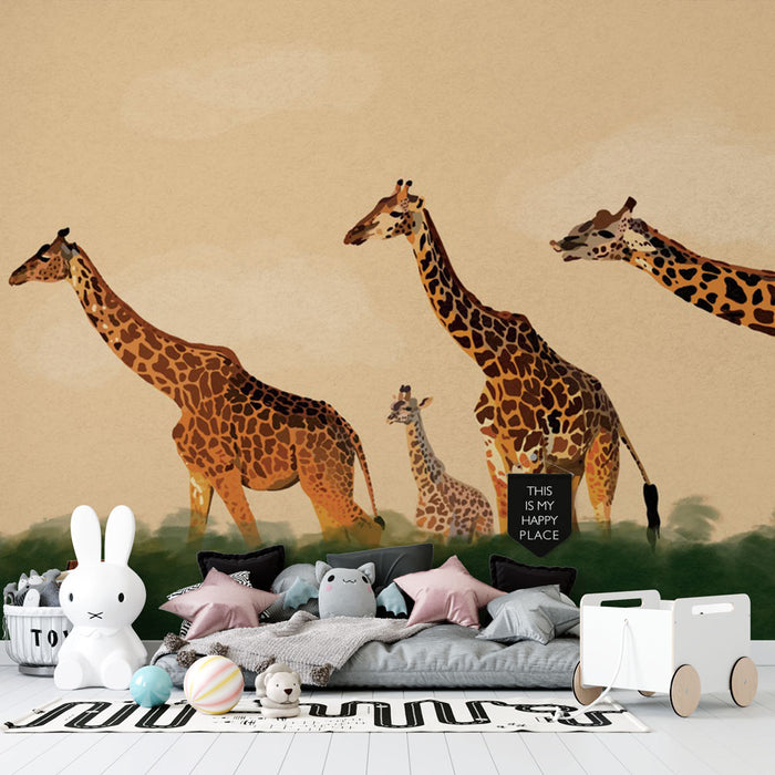 Papier peint girafes | Famille de girafes dans la savane avec verdure