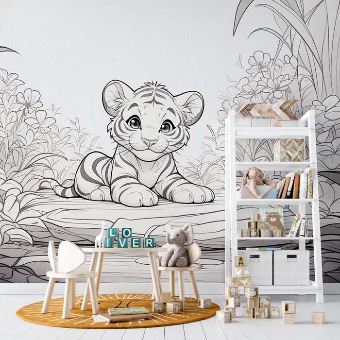 Papier peint coloriage | Mini tigre en forêt tropicale