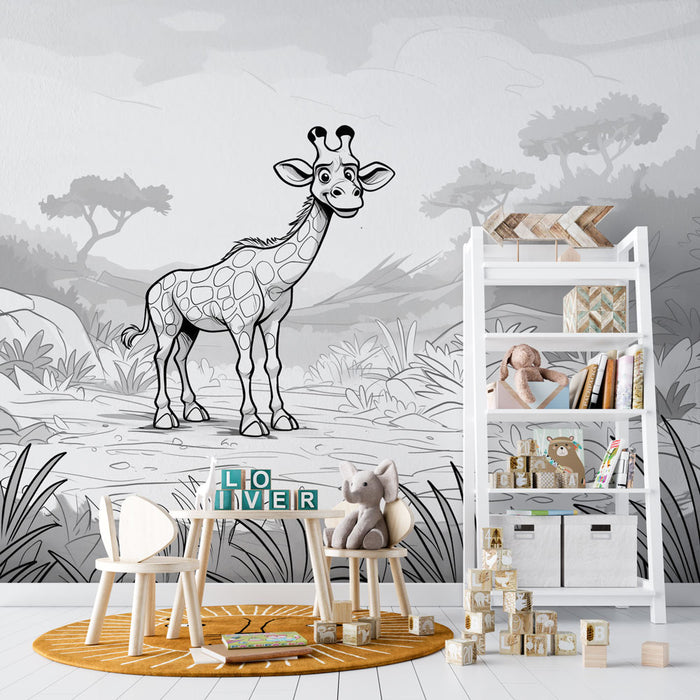 Papier peint coloriage | Petite girafe dans la savane