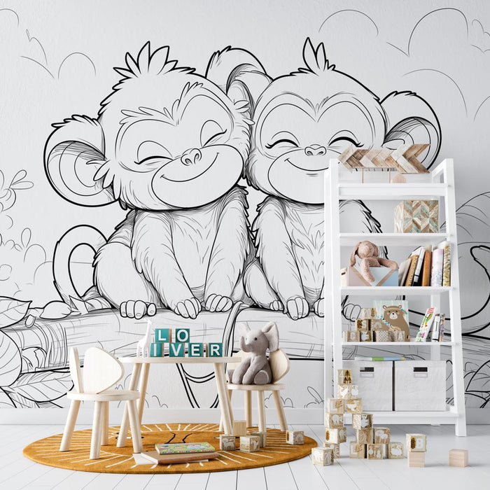 Papier peint coloriage | Deux singes mignons sur leur branche
