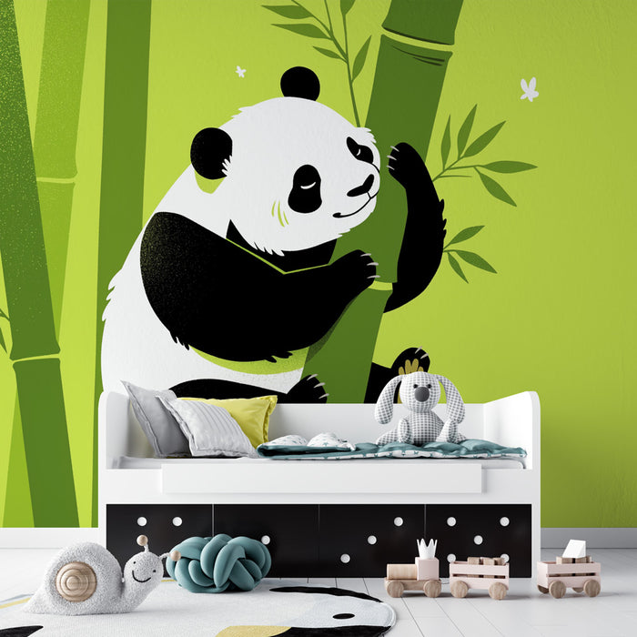 Papier peint panda | Bambous et fond vert clair