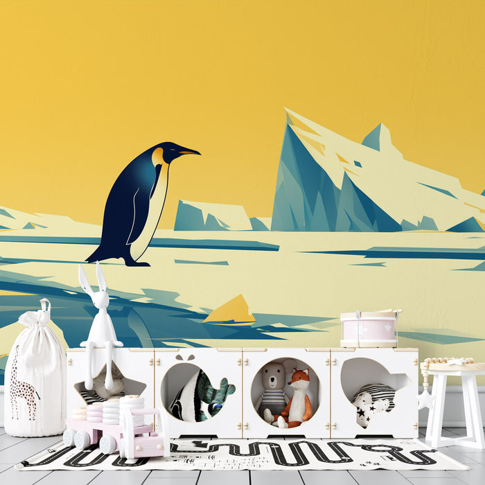 Papier peint pingouin | Banquise et fond jaune