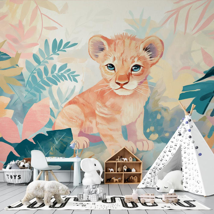 Papier peint lionceau | Jungle aux effets pastel