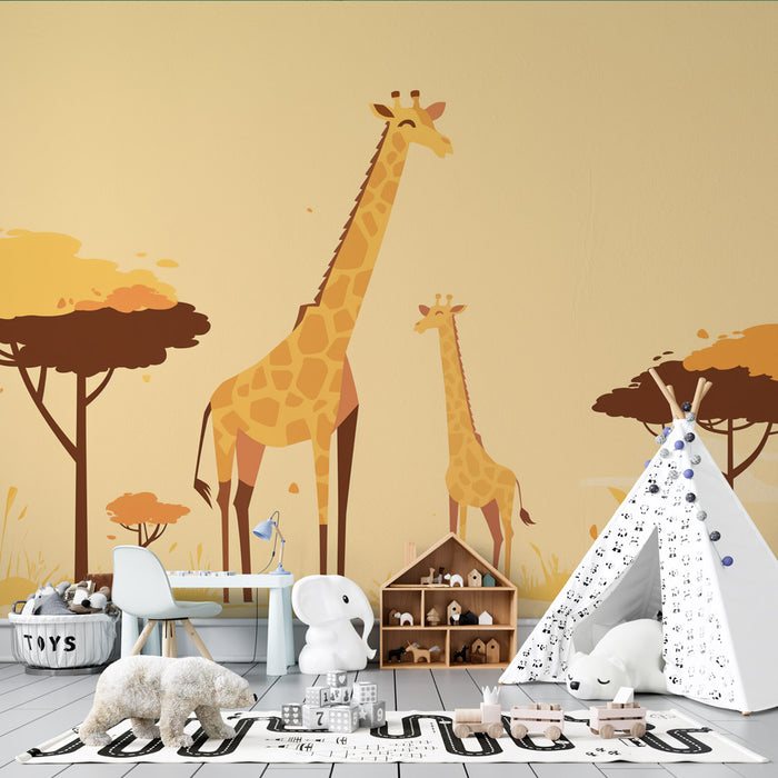 Papier peint girafe et girafon | Dessin dans la savane