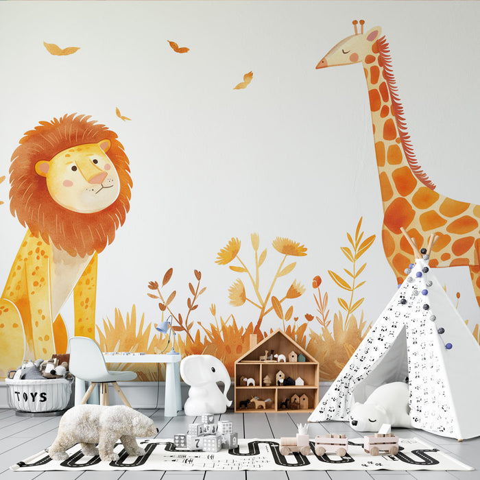 Papier peint savane | Dessin lion et girafe pour enfants