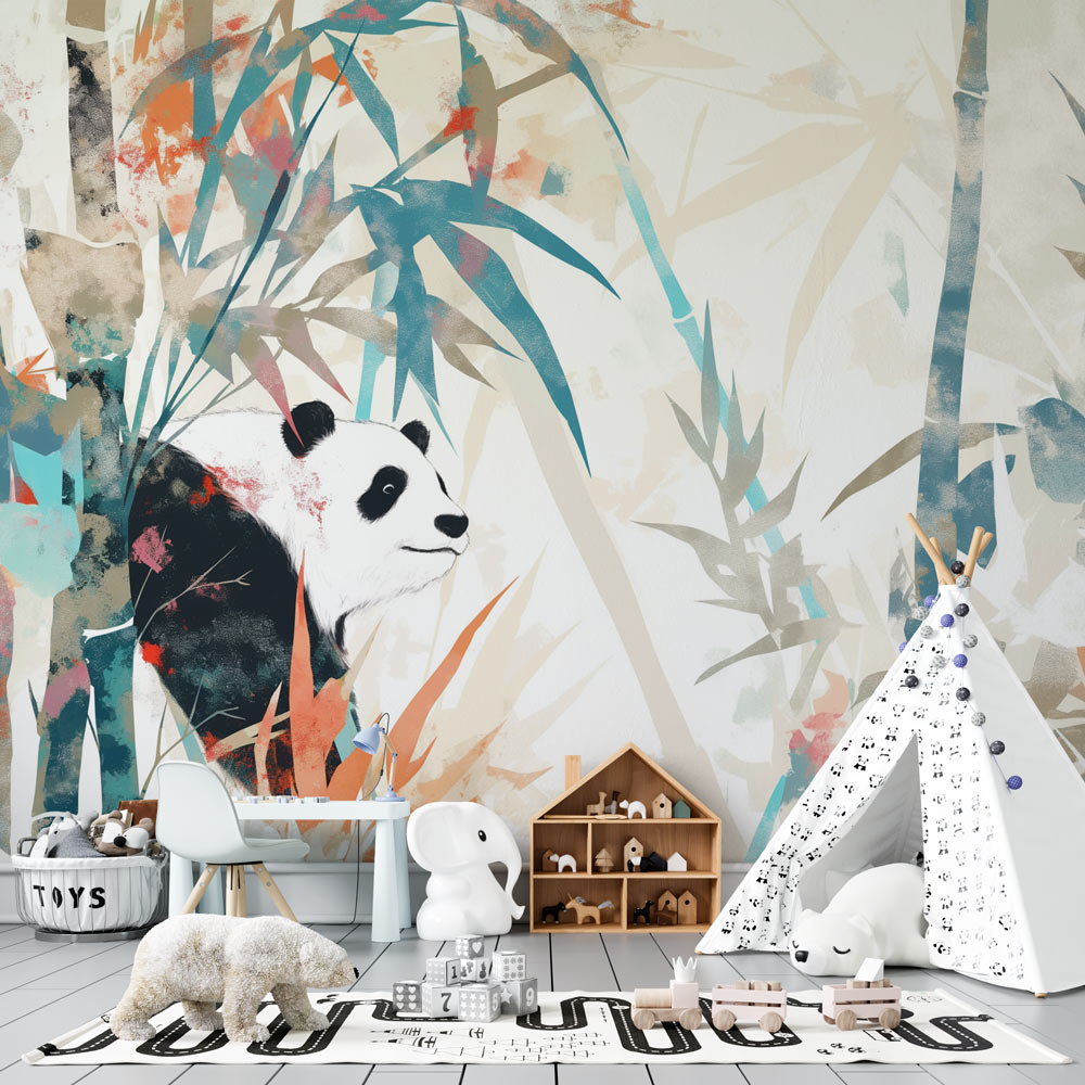 Papier Peint Intissé 3D – Motif Panda Et Roses – Pour Salon Ou Chambre
