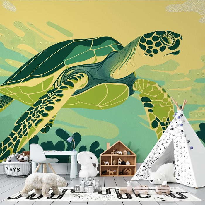 Papier peint tortue | Nage dans l'océan aux teintes vertes