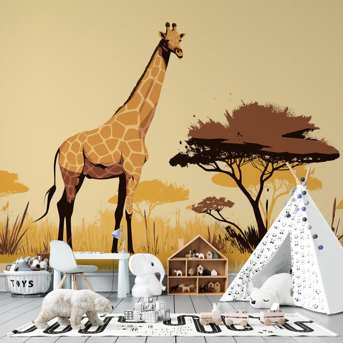 Papier peint girafe | Arbre et savane en jaune et marron