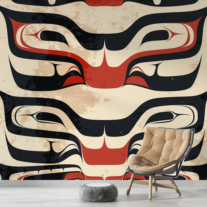 Papier peint ethnique inuit | Fond beige sur motifs tribaux noirs et rouges