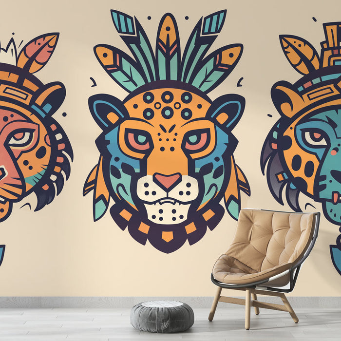 Papier peint ethnique aztèque | Trois tètes de jaguars sur fond beige