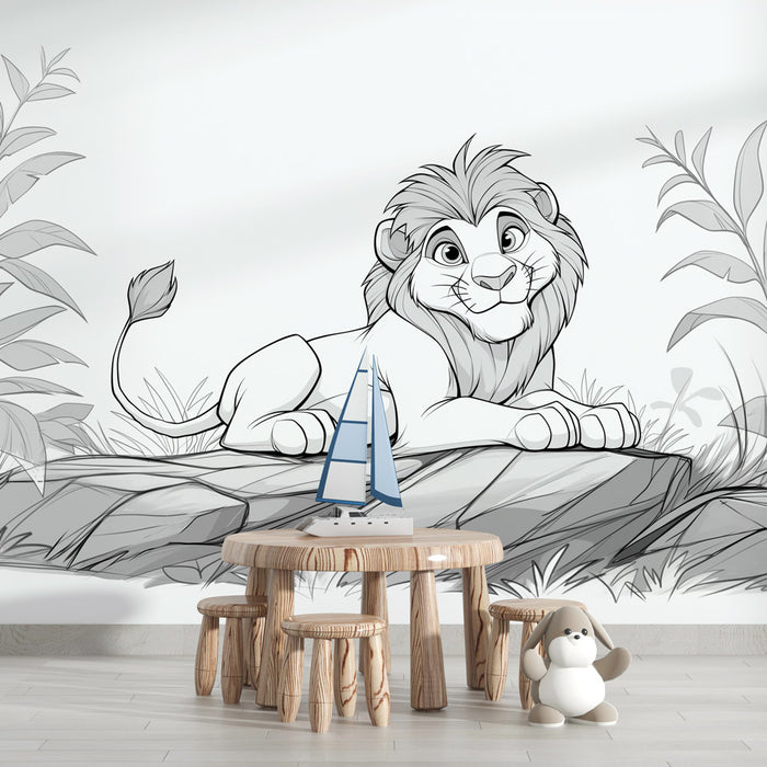 Papier peint coloriage | Jeune lion style croquis noir et blanc