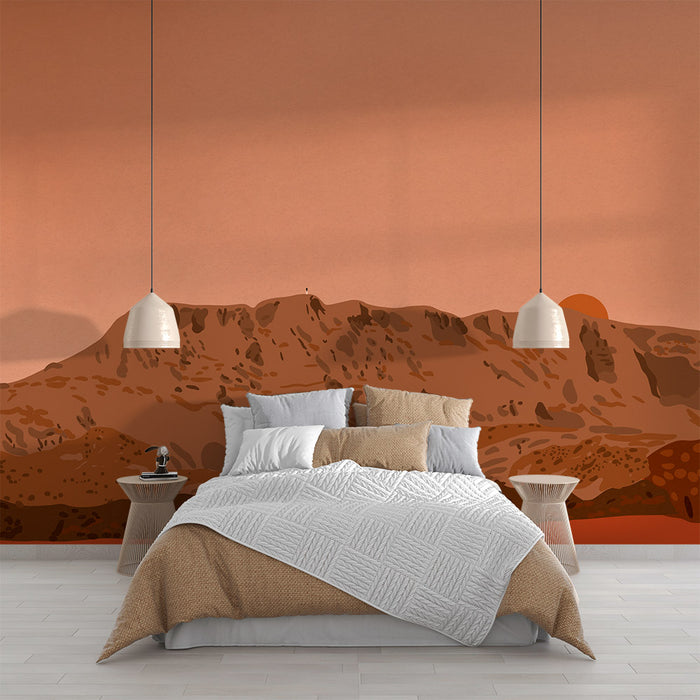 Papier peint coucher de soleil désertique | Teintes de terre cuite et montagnes arides