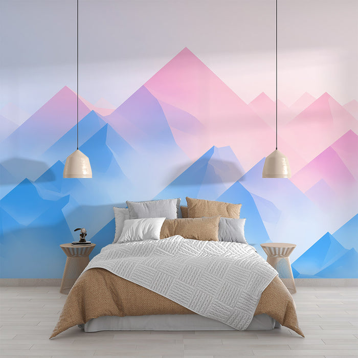 Papier peint montagne | Rose et bleu pastel avec brume