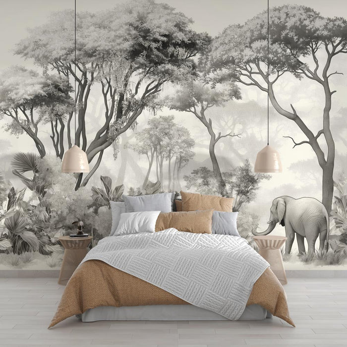 Papier peint éléphant | Forêt tout en noir et blanc