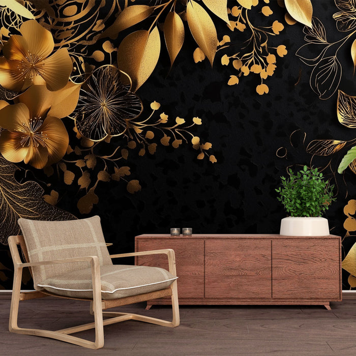 Papier peint floral doré | Élégance et luxe sur fond noir
