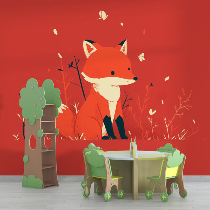 Papier peint renard | Sortie de forêt sur fond rouge