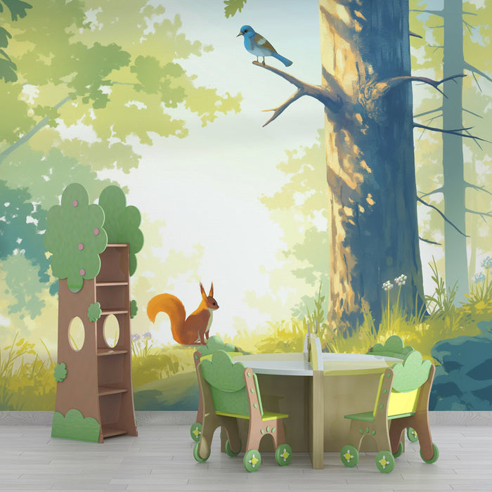Papier peint forêt | Oiseau et écureuil