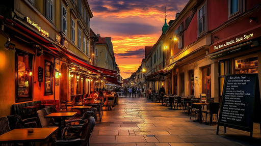 Papier peint urbain Coucher de soleil sur rue animée