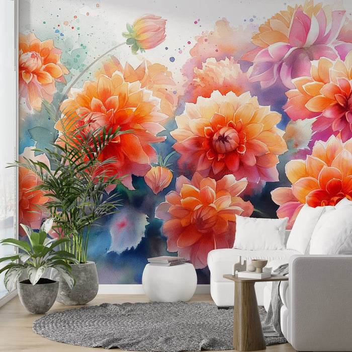 Papier peint fleurs | Dahlias en peinture