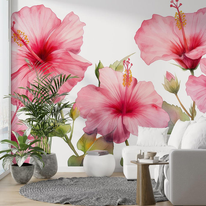 Papier peint fleurs | Fleurs d'hibiscus roses