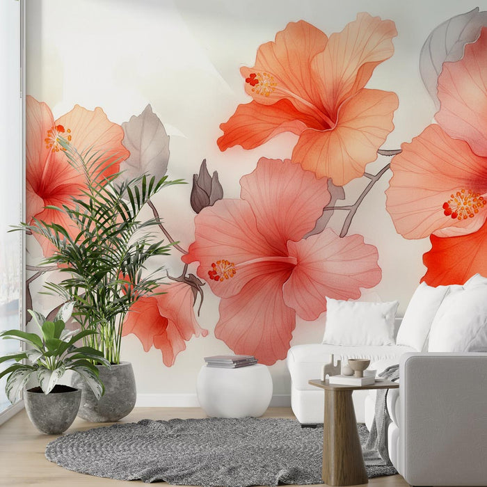 Papier peint fleurs | Fleurs d'hibiscus orangées