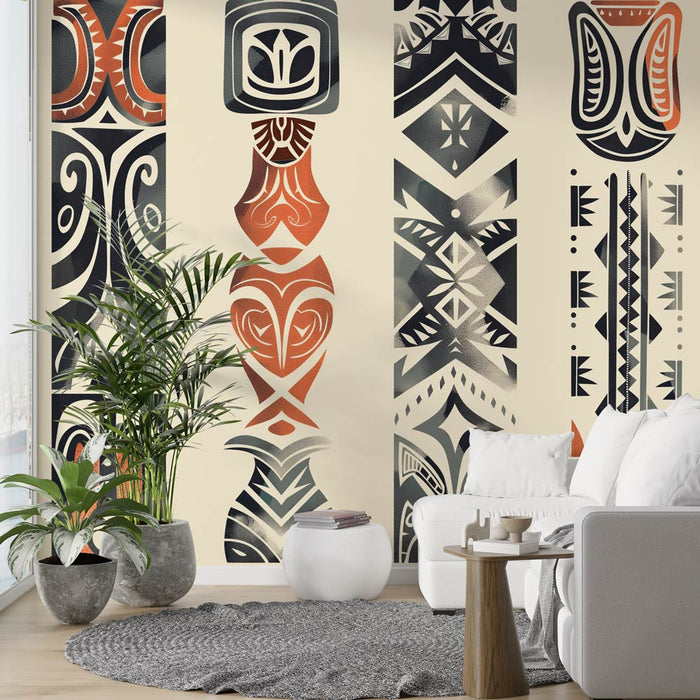 Papier peint ethnique maori | Tatouages traditionnels noir et terracotta