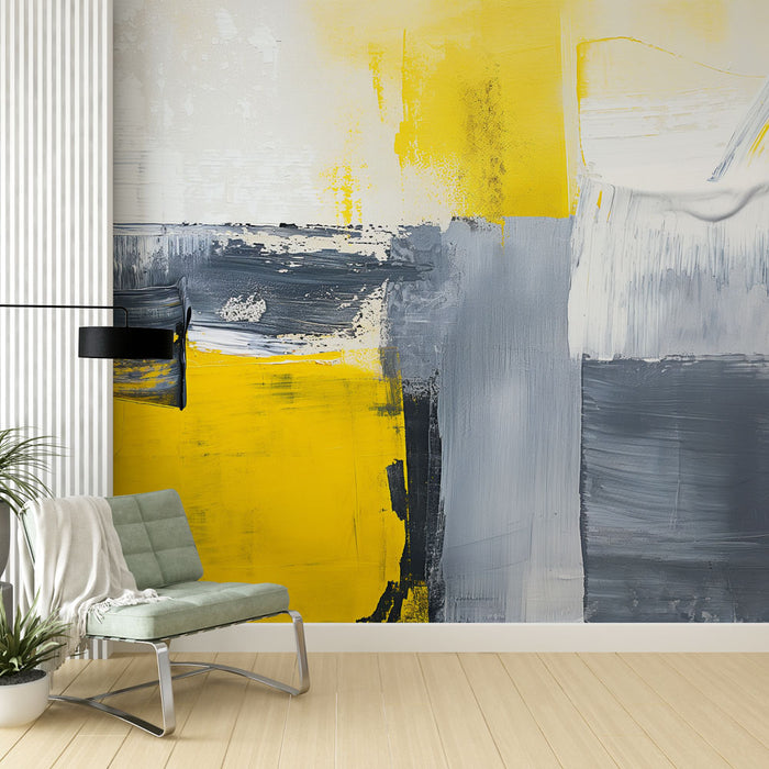 Papier peint peinture abstraite | Style moderne aux accents jaune gris blanc