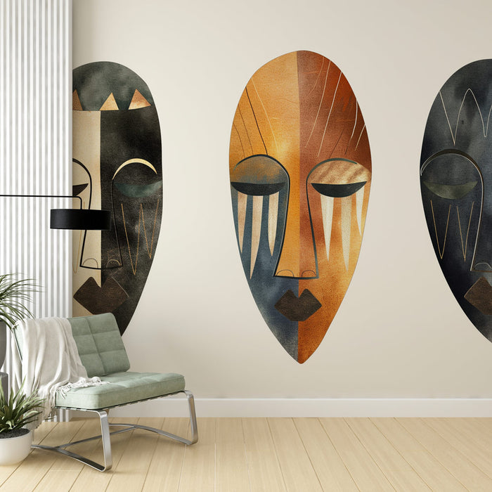 Papier peint ethnique africain | Trois masques tribaux aux tendances dorées