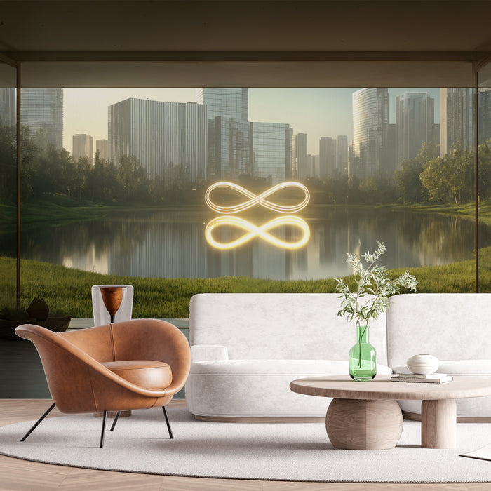 Papier peint paysage urbain | Salle inspirante avec vue sur la ville et lac naturel