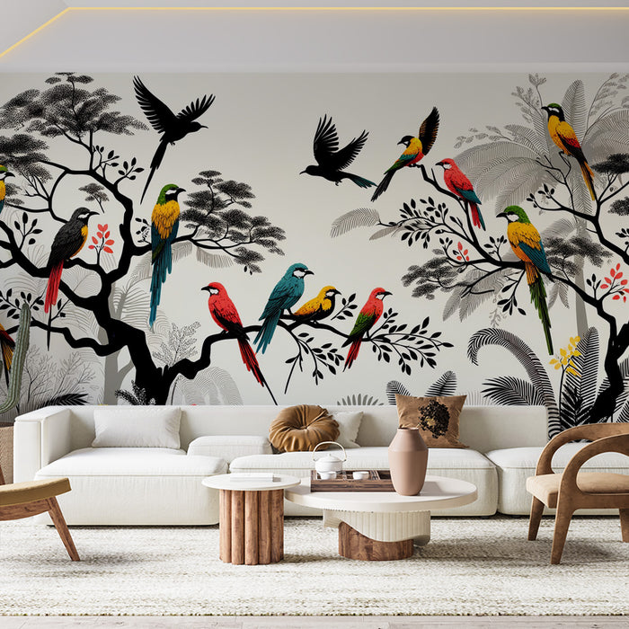 Papier peint noir et blanc | Oiseaux colorés tropicales