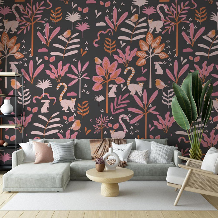 Papier peint Tropical | Animaux curieux et feuillage rose sur fond sombre