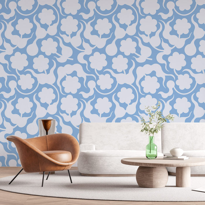 Papier peint Floral | Motif de fleurs et volutes en bleu clair sur fond bleu pastel