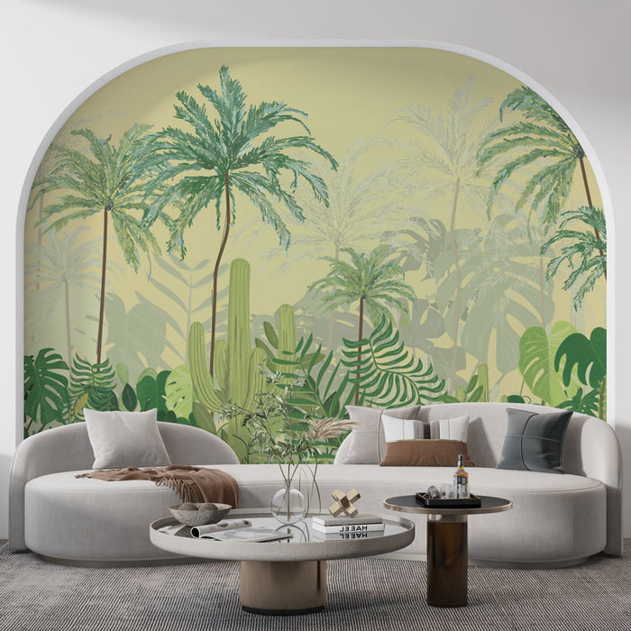 Papier peint tropical | Jungle luxuriante de palmiers et feuillage vert sur fond pastel