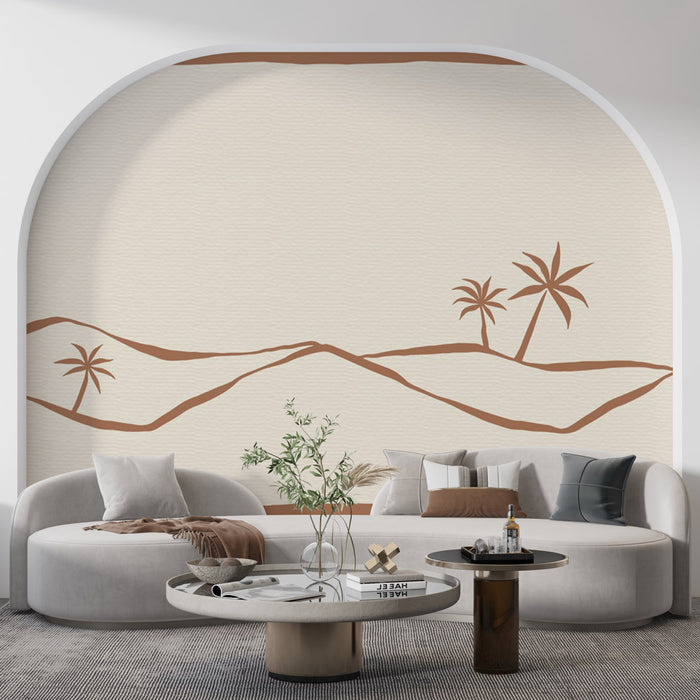 Papier peint désert paisible | Palmiers et dunes bruns sur fond beige