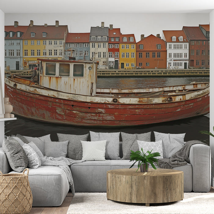 Papier peint bateau rustique | Scène pittoresque en bord de mer
