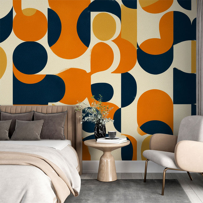 Papier peint géométrique | Motifs modernes orange et bleu marine