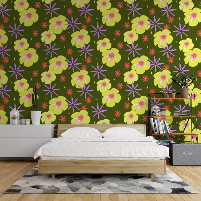 Papier peint rétro | Motif floral vintage avec fleurs jaunes et violettes