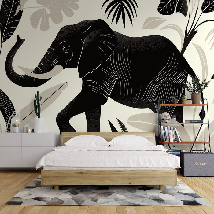 Papier peint jungle noir et blanc | Illustration éléphant