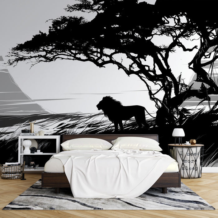 Papier peint lion noir et blanc | Savane