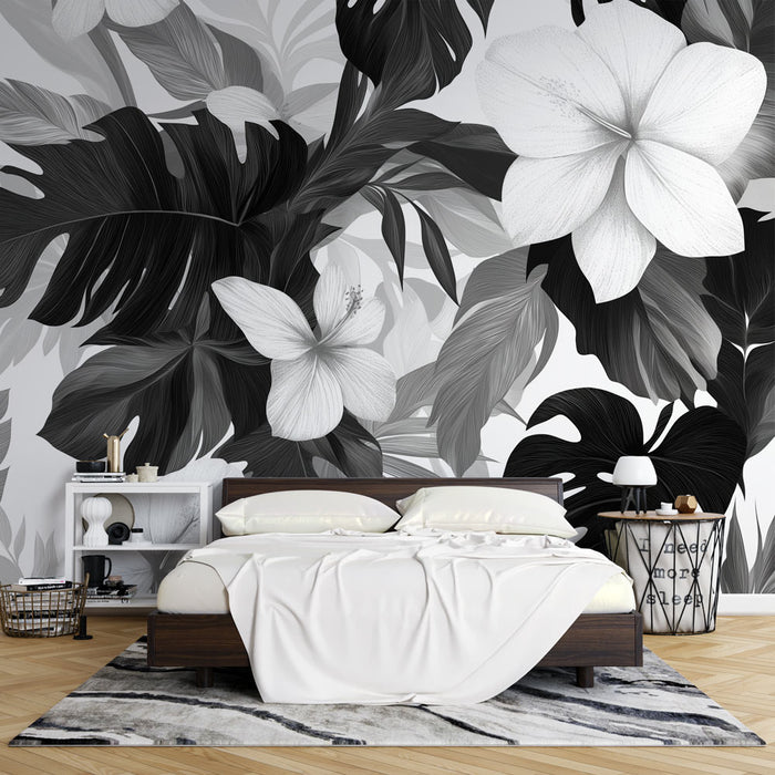 Papier peint fleurs hibiscus | Noir et blanc