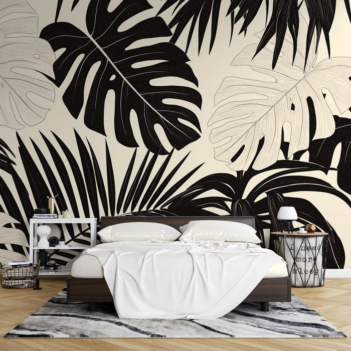 Papier peint monstera et palmiers | Feuilles en noir et blanc