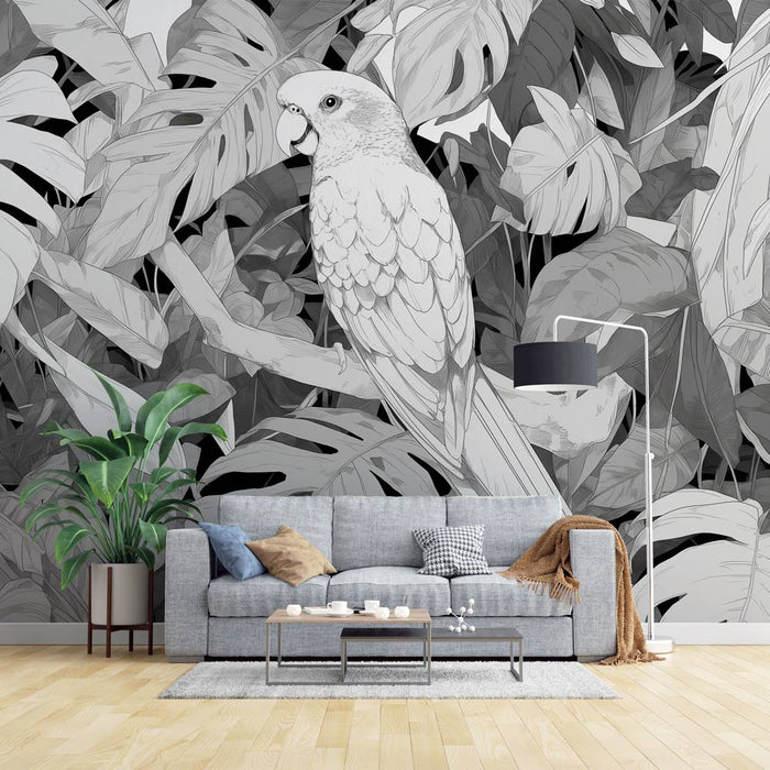 Papier peint jungle noir et blanc | Perroquet entouré de feuilles