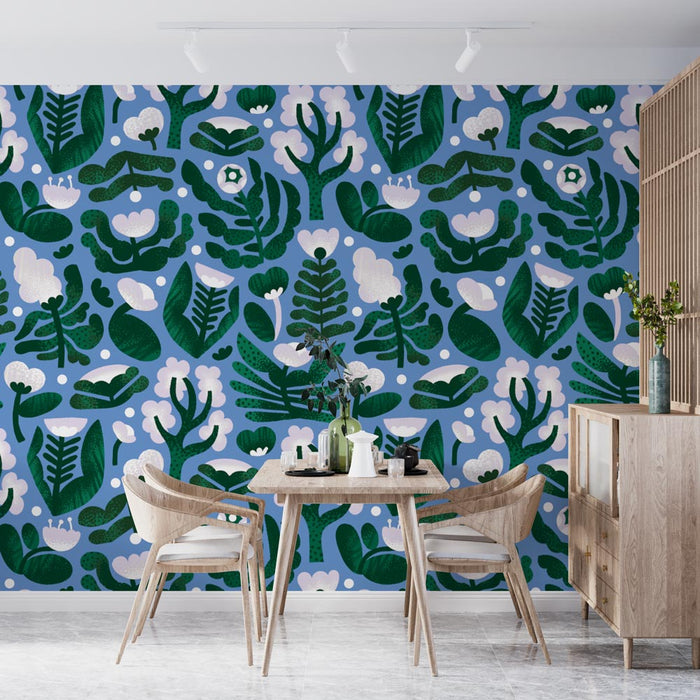 Papier peint Floral | Motif floral et feuillu en vert et blanc sur fond bleu glacial