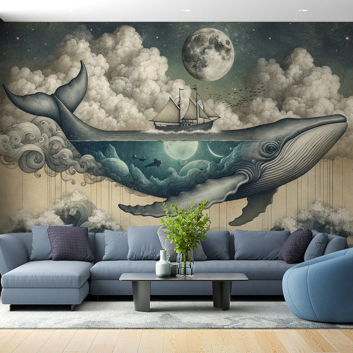 Papier peint baleine | Baleine volante, navire et lune sur fond de nocturne et nuages cotonneux