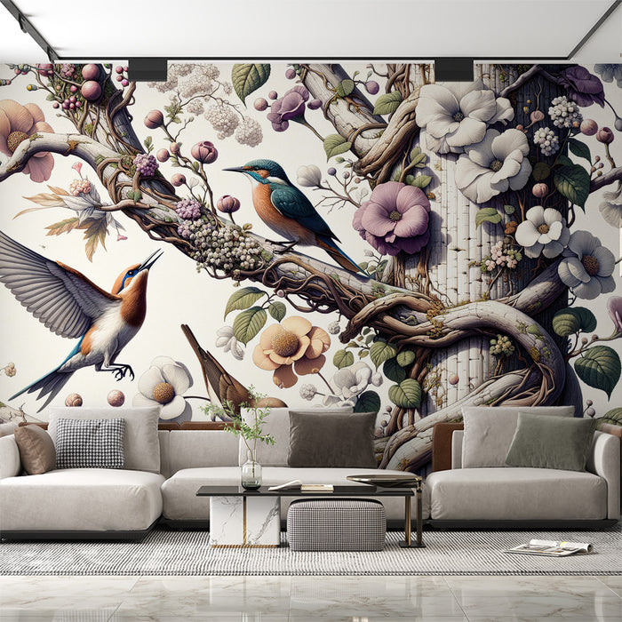 Papier peint arbre | Oiseaux vibrants et fleurs délicates sur fond de lianes et bois entrelacés