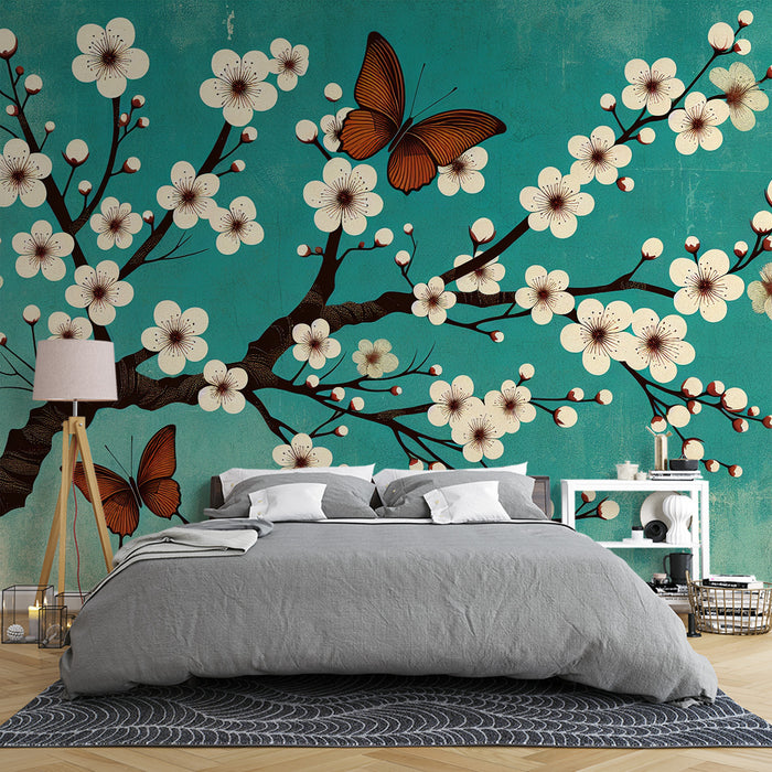 Papier peint cerisier japonais | Fond vert d'eau avec fleurs de cerisier blanches et papillons marrons