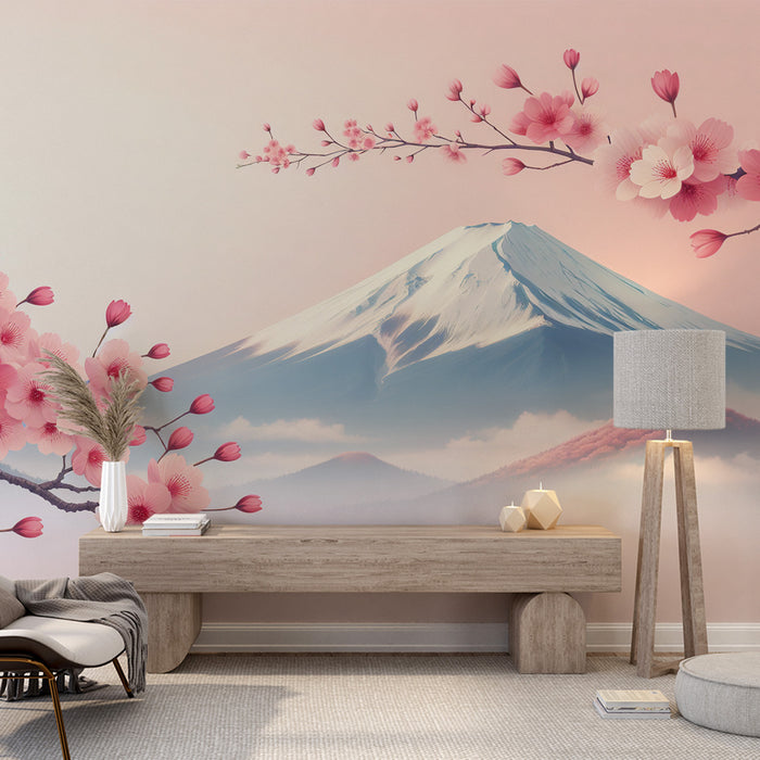 Papier peint cerisier japonais | Mont Fuji et fleurs de cerisier roses fermées et ouvertes