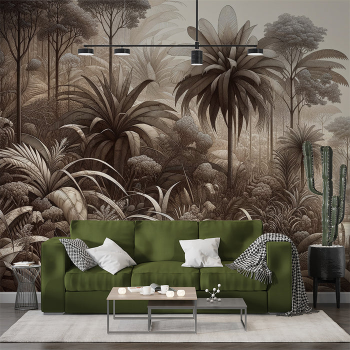 Papier peint jungle | Forêt tropicale monochrome avec variété de plantes et palmiers